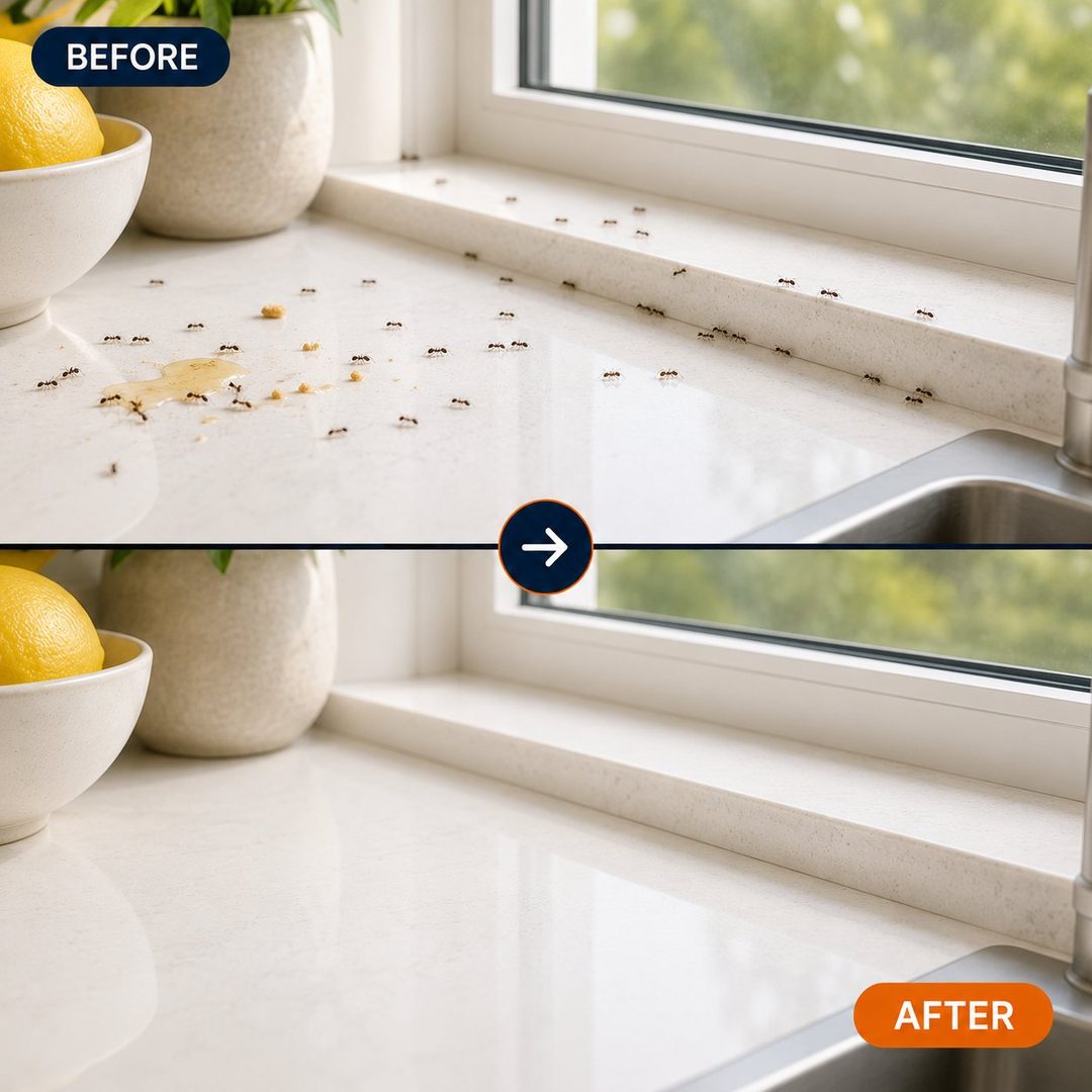 Before: ants across a kitchen counter by the window. After: the same counter, spotless.