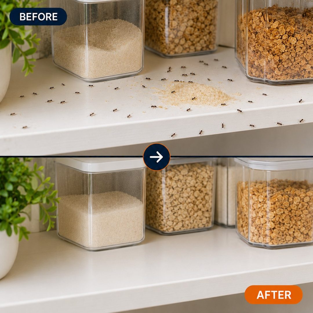Before: ants and spilled grain on a pantry shelf. After: the same shelf, clean and pest-free.