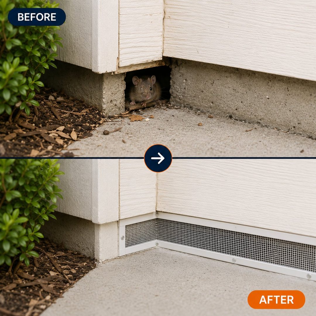 Before: a mouse squeezing through a foundation gap. After: the gap sealed with steel mesh.