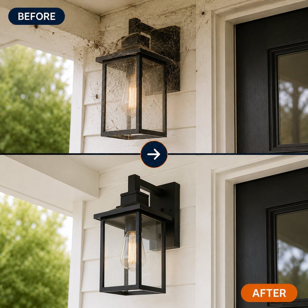 Before: cobwebs covering a porch light fixture. After: the same fixture, clean.
