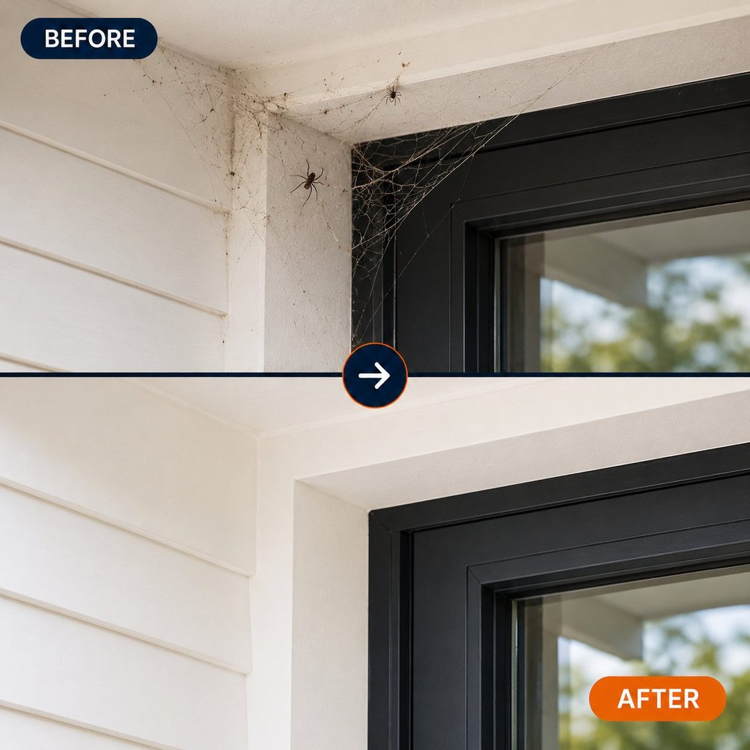 Before: spiders and webs in an exterior window corner. After: the same corner, clean.