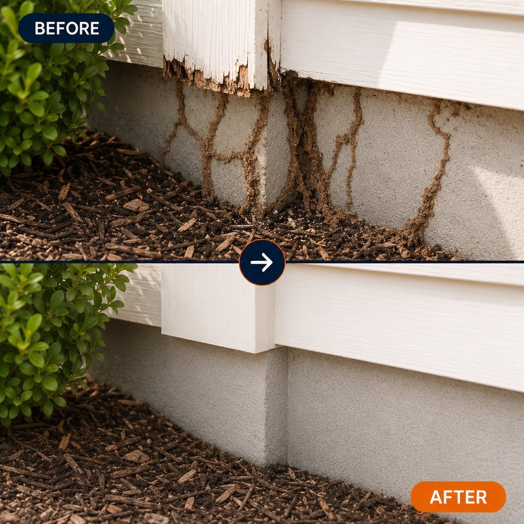Before: termite mud tubes running up a foundation wall. After: the wall treated and clean.