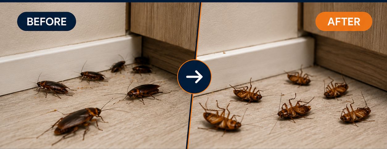 Before: live roaches along a kitchen baseboard. After: the same roaches exterminated, belly-up.